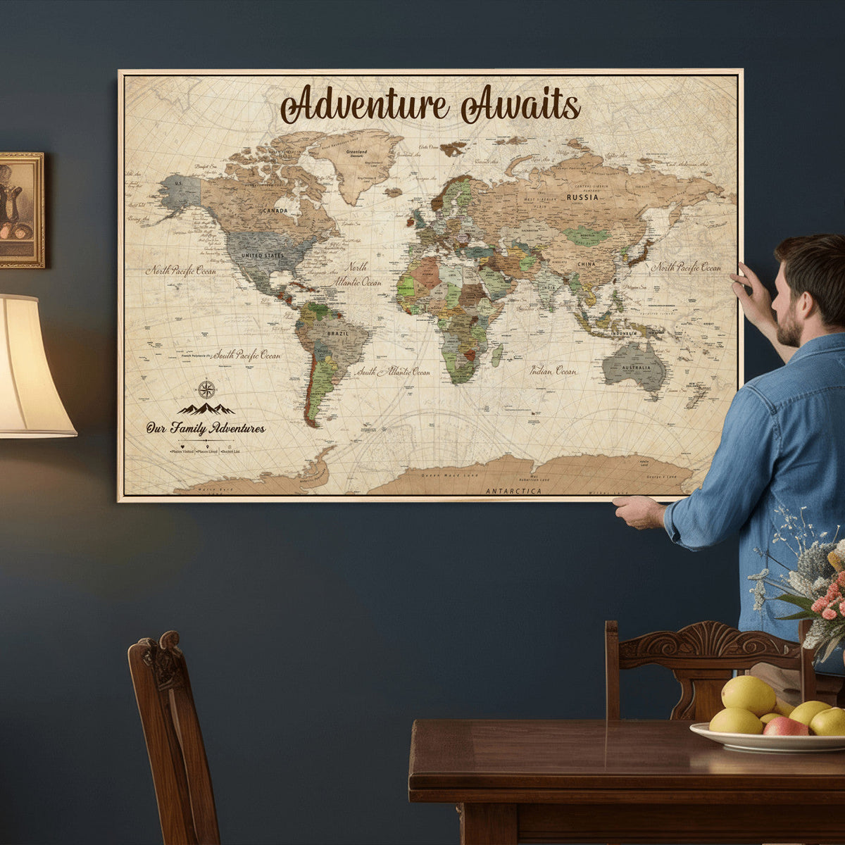 12264959-MGV-CV-36X24 - Our Family Adventures Push Pin World Map Wall Art Canvas Print - Family Travel Tracker Map with Pins