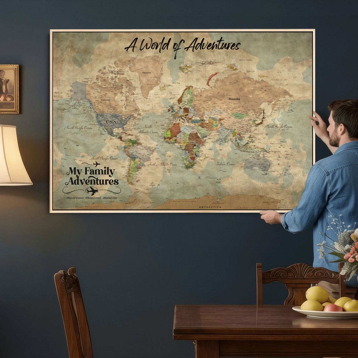 57377793-MGV-CV-36X24 - Our Family Adventures Push Pin World Map Wall Art Canvas Print - Family Travel Tracker Map with Pins