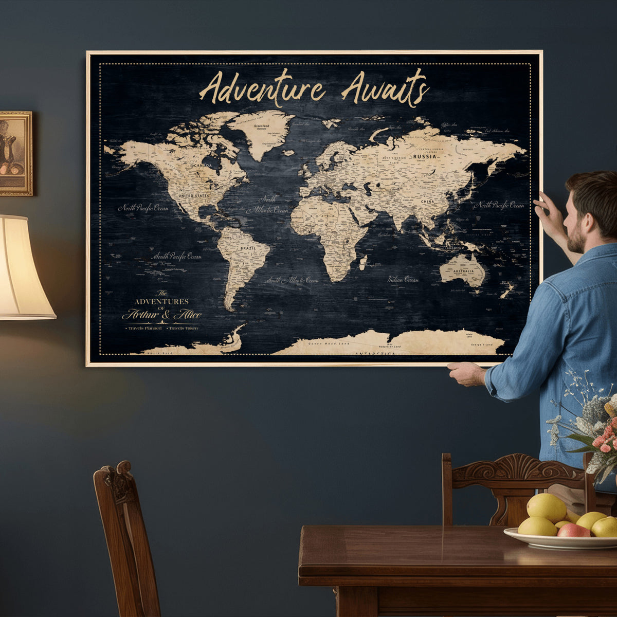 688173822-MGV-CV-36X24 - Extra Large Vintage Personalized Push Pin World Map Wall Art Canvas Print