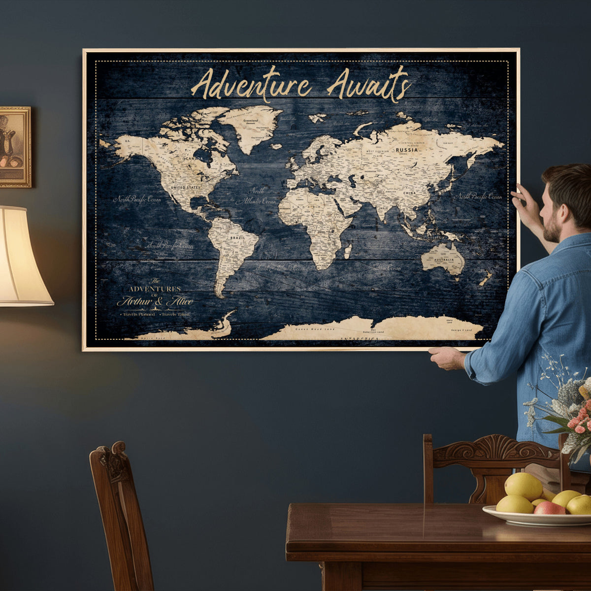 68817382-MGV-CV-36X24 - Extra Large Vintage Personalized Push Pin World Map Wall Art Canvas Print