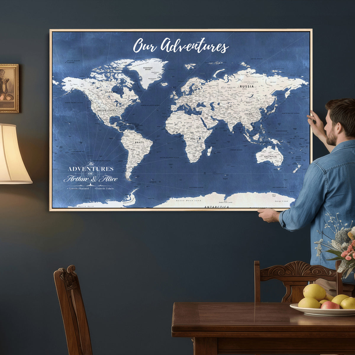 75405527-MGV-CV-36X24 - Extra Large Framed Personalize Push Pin World Map Wall Art Canvas Print for Travel Tracking