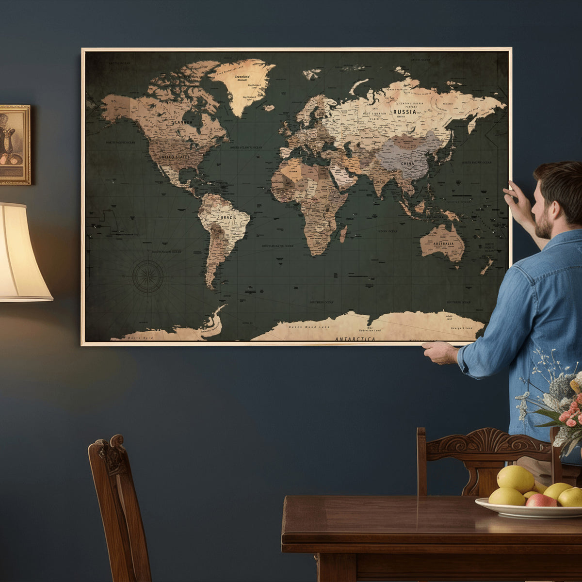 42327656-MGV-CV-36X24 - Extra Large Framed Personalize Push Pin World Map Wall Art Canvas Print for Travel Tracking