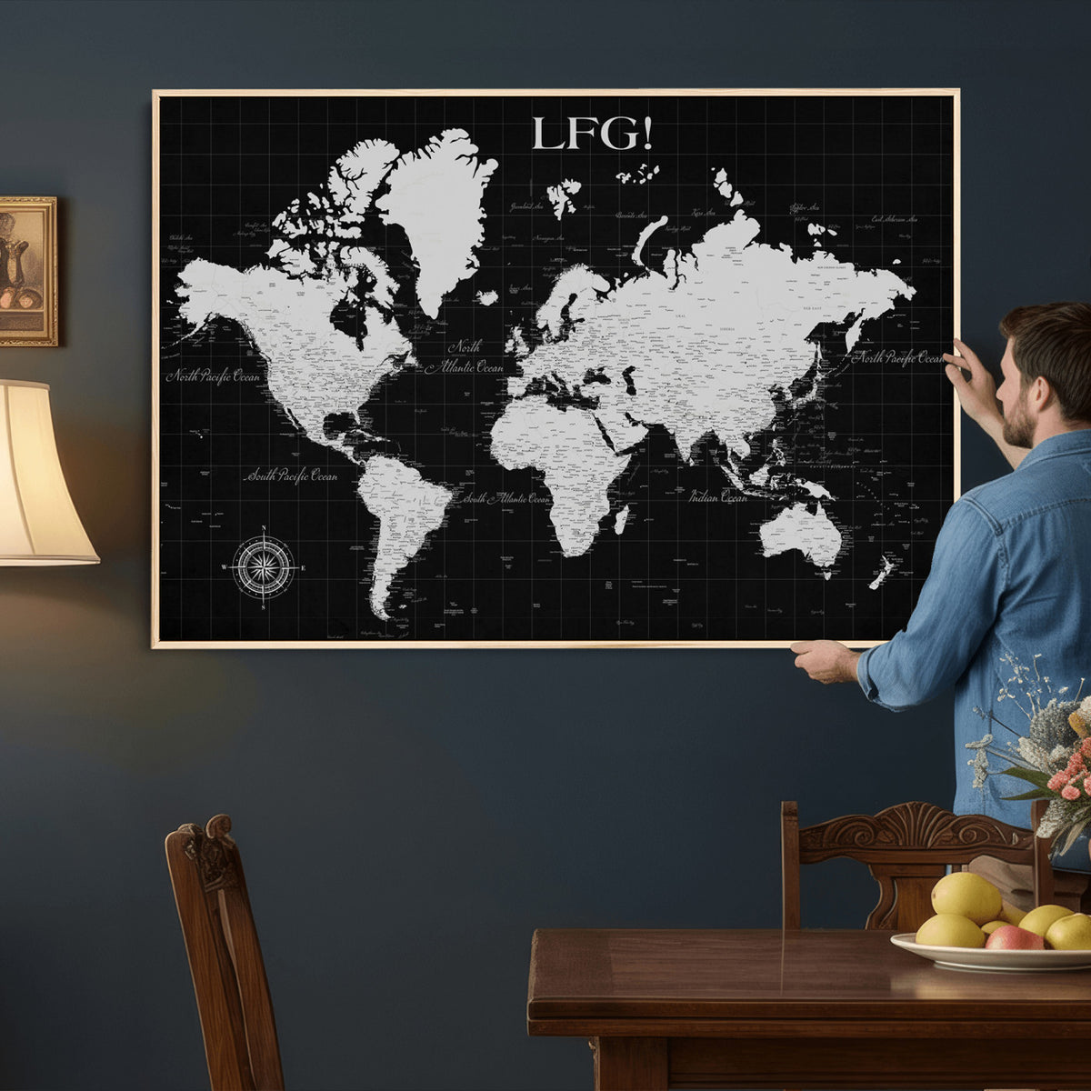 68209291-MGV-CV-36X24 - Extra Large Framed Personalize Push Pin World Map Wall Art Canvas Print for Travel Tracking