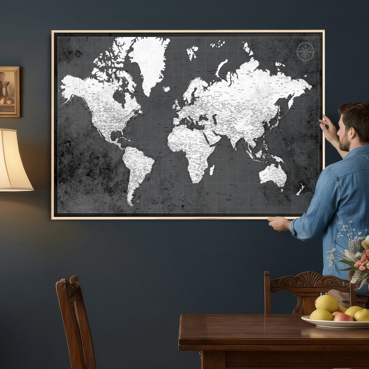 78574966-MGV-CV-36X24 - Extra Large Framed Personalize Push Pin World Map Wall Art Canvas Print for Travel Tracking