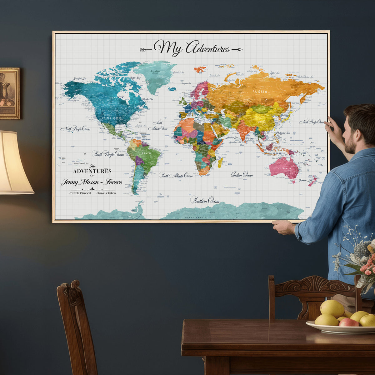 66743043-MGV-CV-36X24 - Extra Large Framed Personalize Push Pin World Map Wall Art Canvas Print for Travel Tracking