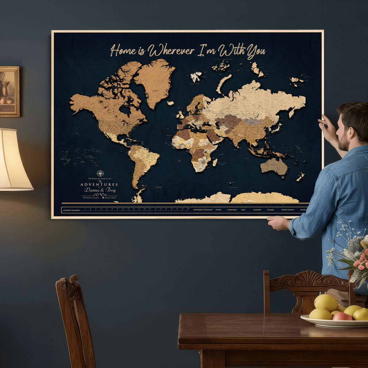 13903533-MGV-CV-36X24 - Extra Large Framed Personalize Push Pin World Map Wall Art Canvas Print for Travel Tracking