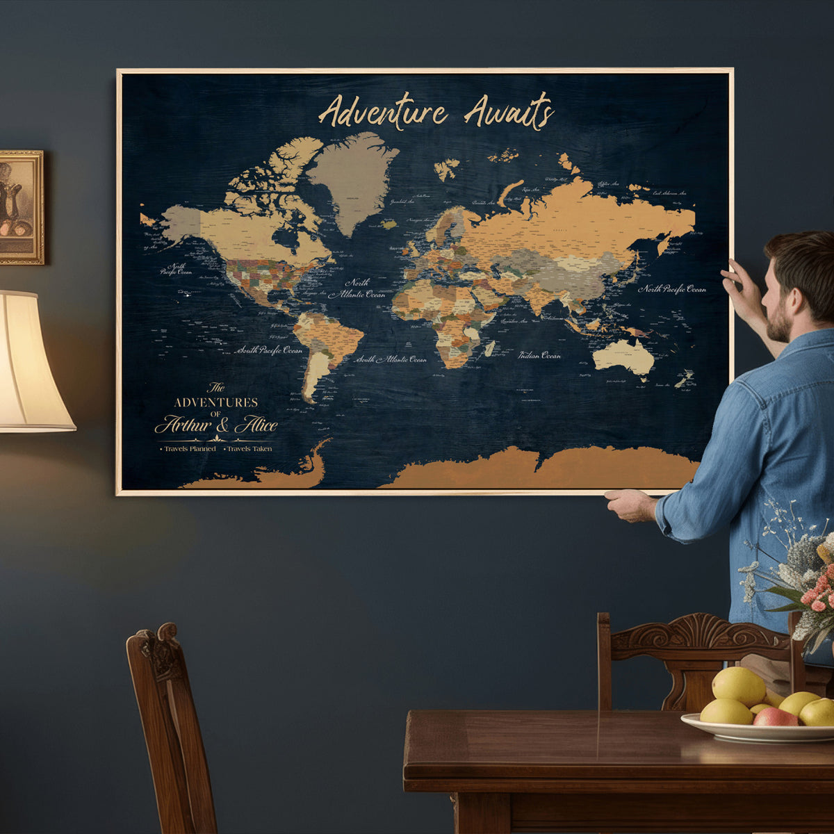 13350960-MGV-CV-36X24 - Extra Large Framed Personalize Push Pin World Map Wall Art Canvas Print for Travel Tracking