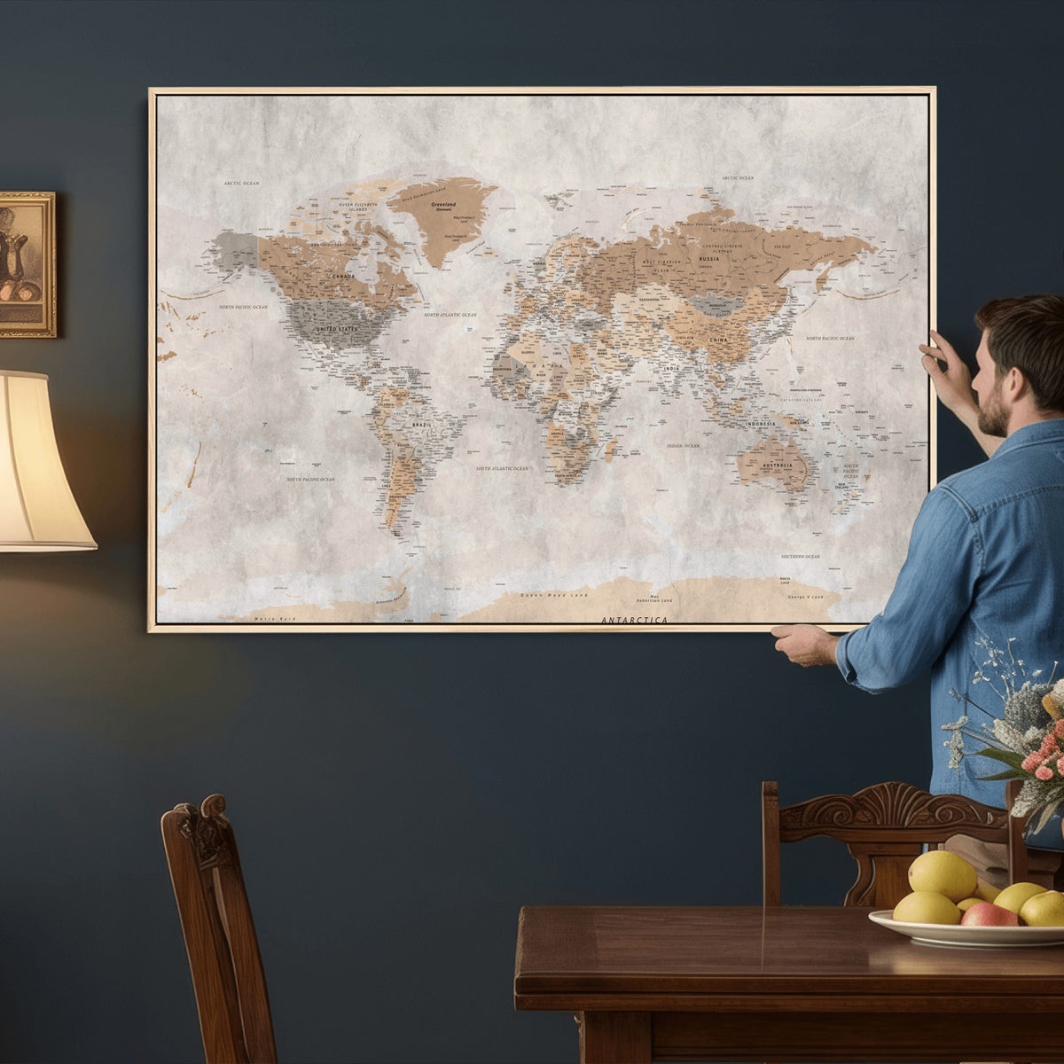 18074626DD-MGV-CV-36X24 - Extra Large Framed Personalize Push Pin World Map Wall Art Canvas Print for Travel Tracking NEWMAP - 009