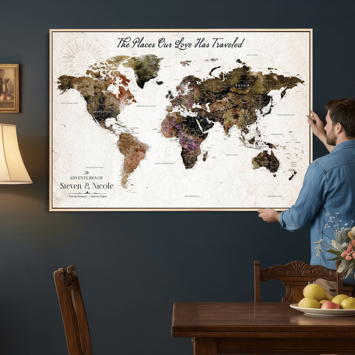 18074626D3D-MGV-CV-36X24 - Extra Large Framed Personalize Push Pin World Map Wall Art Canvas Print for Travel Tracking NEWMAP - 015