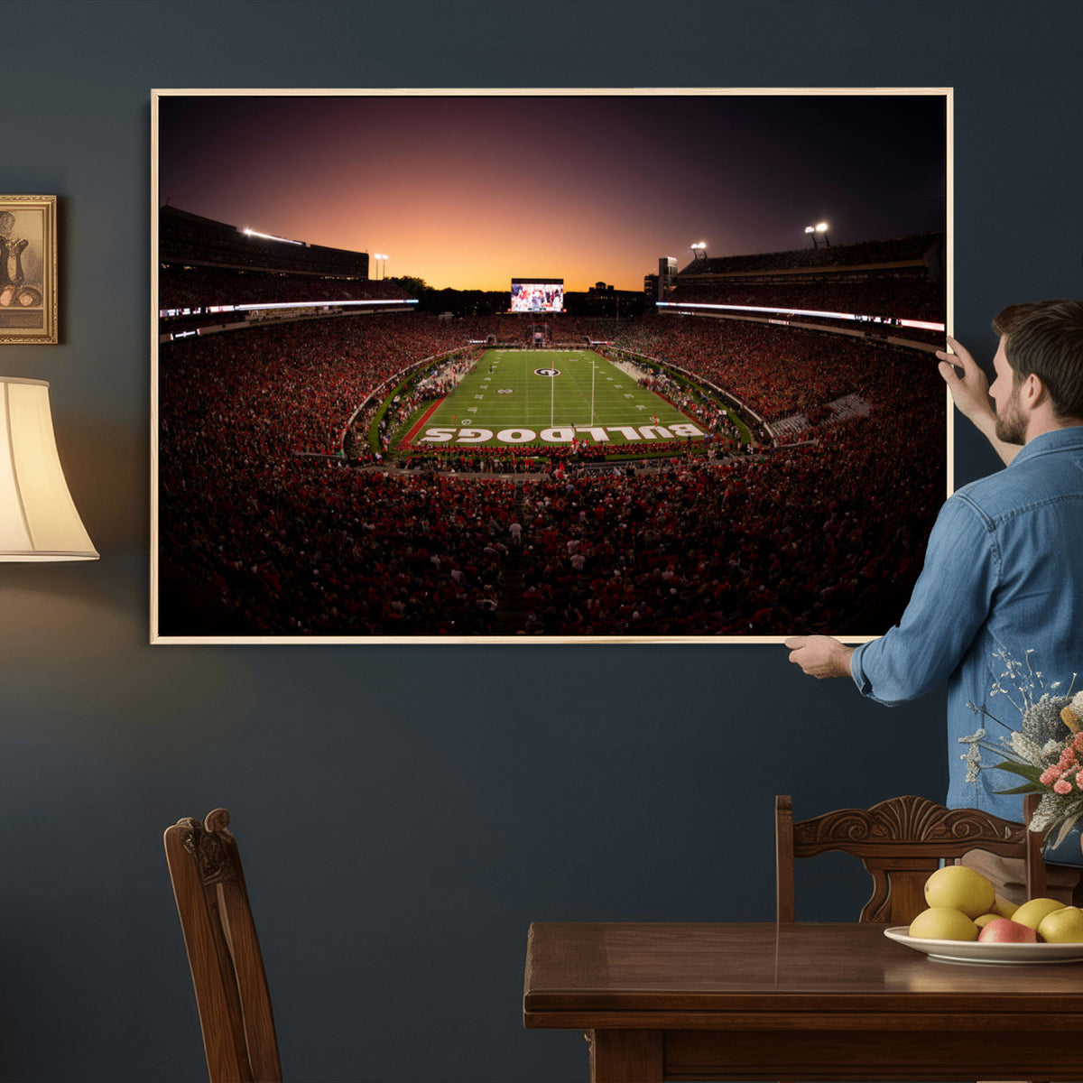 97720998-_Poster-30x20 - Georgia Bulldogs Stadium Sunset Canvas Print 3 Piece Framed Wall Art Extra Large Floating Frame Sports Poster Made in USA