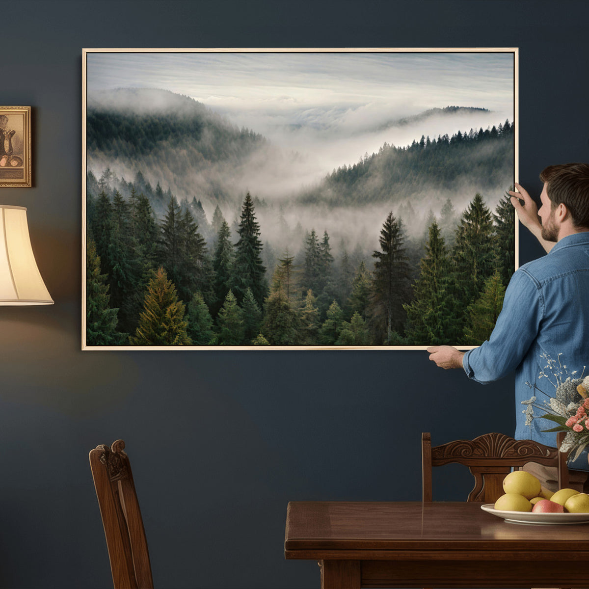 38409495-_Poster-30x20 - Misty Pine Valley Mountain Canvas Print 3 Piece Framed Wall Art Extra Large Floating Frame Nature Poster Made in USA