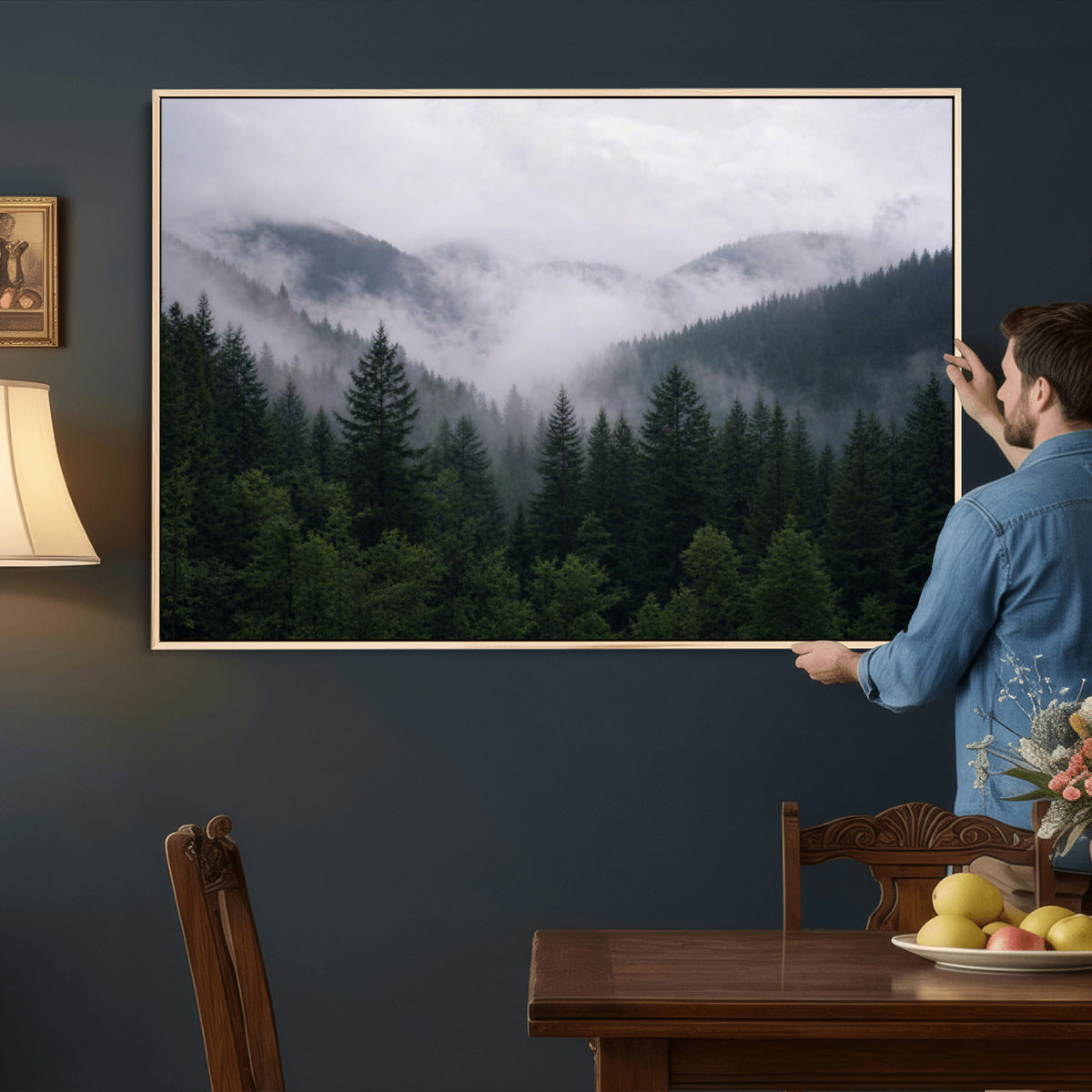 25432119-_Poster-30x20 - Misty Mountain Pine Forest Canvas Print 3 Piece Framed Wall Art Extra Large Floating Frame Nature Poster Made in USA