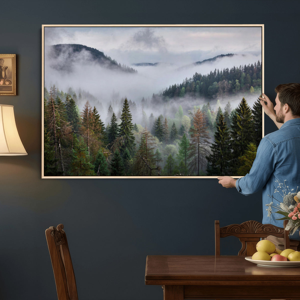 18735847-_Poster-30x20 - Foggy Pine Forest Mountain Canvas Print 3 Piece Framed Wall Art Extra Large Floating Frame Nature Poster Made in USA