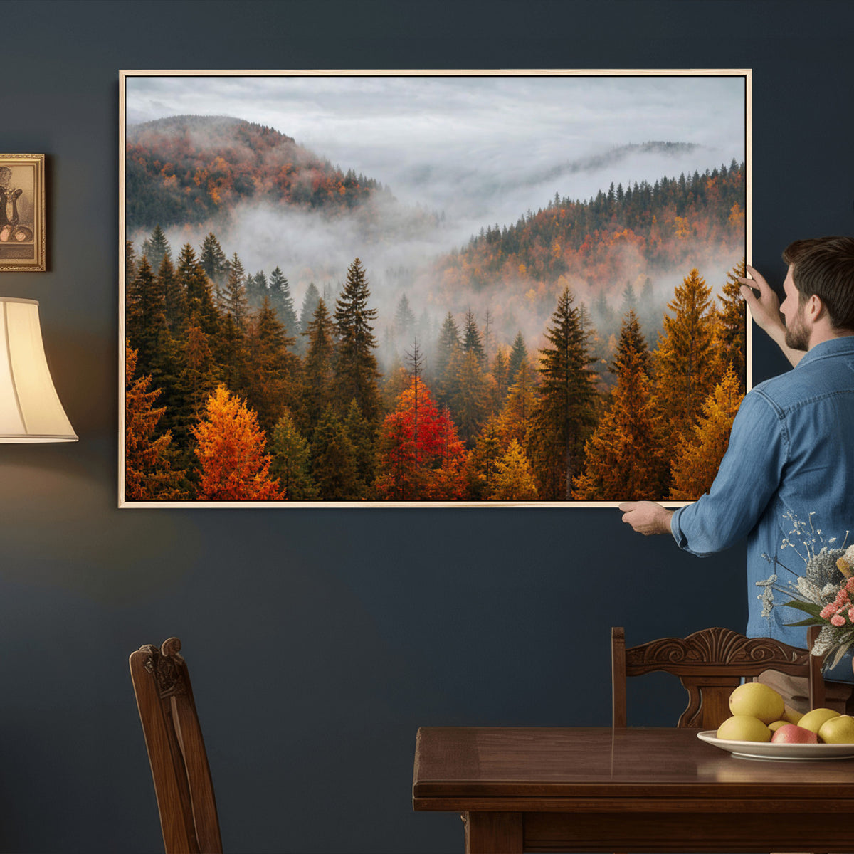 87481341-_Poster-30x20 - Foggy Autumn Mountain Canvas Print Smoky Pine Forest Wall Art Panoramic Nature Poster 3 Piece Made in USA