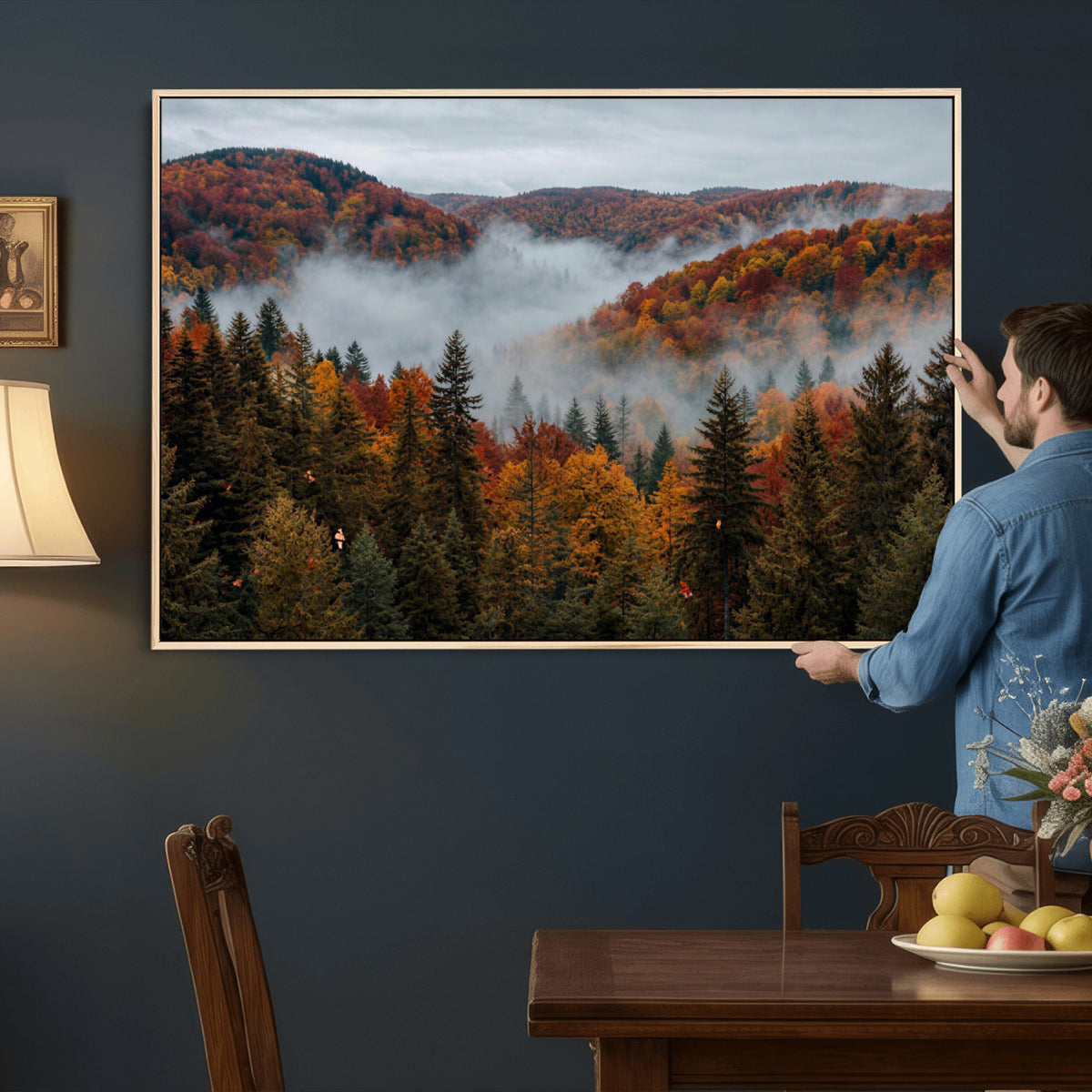 26686263-_Poster-30x20 - Misty Autumn Forest Mountain Canvas Print 3 Panel Wall Art Gallery Wrapped Floating Frame Poster Made in USA