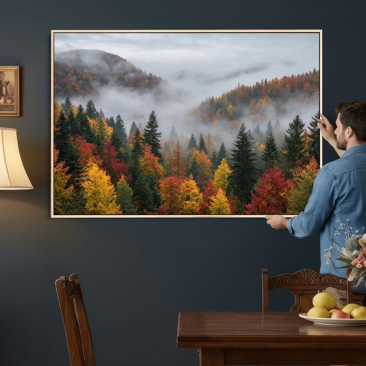 47877083-_Poster-30x20 - Fall Forest Misty Mountain Canvas Print Smoky Mountain Landscape Wall Art Autumn Trees Nature Poster Printing