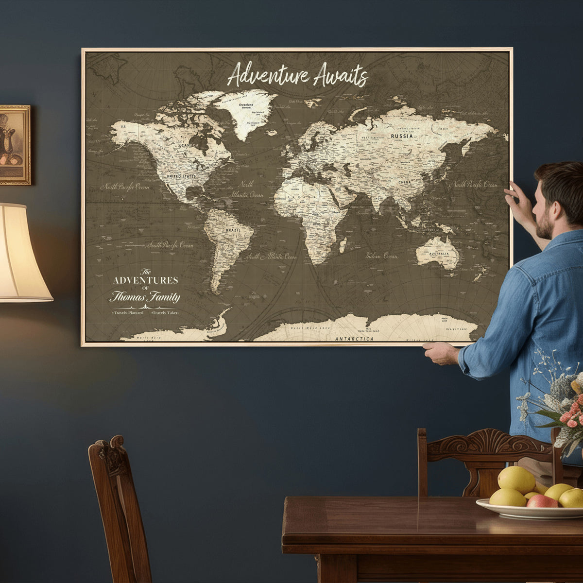 27762875D-MGV-CV-36X24 - Custom Push Pin World Map Wall Art Canvas Print | Personalized Travel Tracker with Pins Framed Large for Home and Office Decor