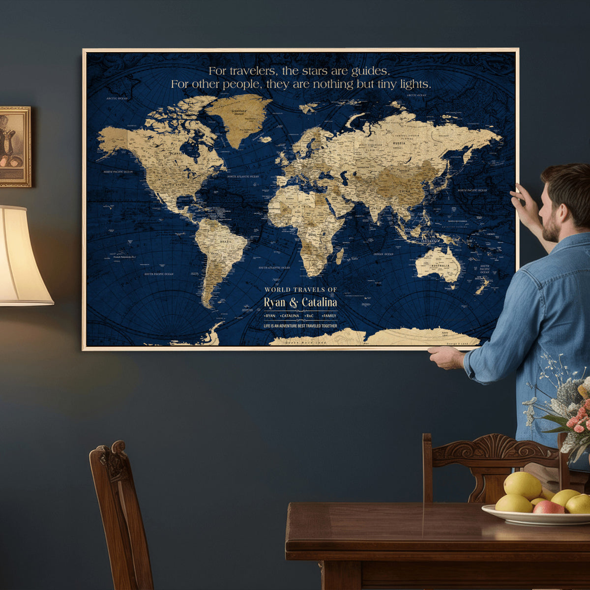 71667510D-MGV-CV-36X24 - Custom Push Pin World Map Wall Art Canvas Print | Personalized Travel Tracker with Pins Framed Large for Home and Office Decor