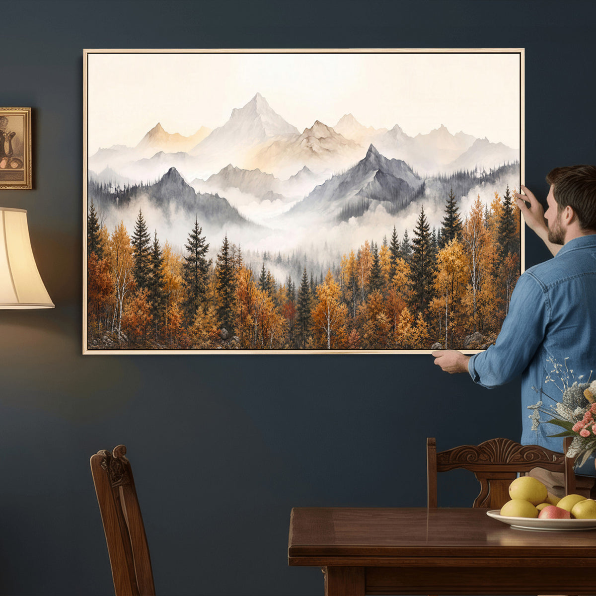 19544118-MGV-TP-30X20 - Misty Mountain Autumn Forest Canvas Wall Art - Watercolor Fall Nature Landscape Print