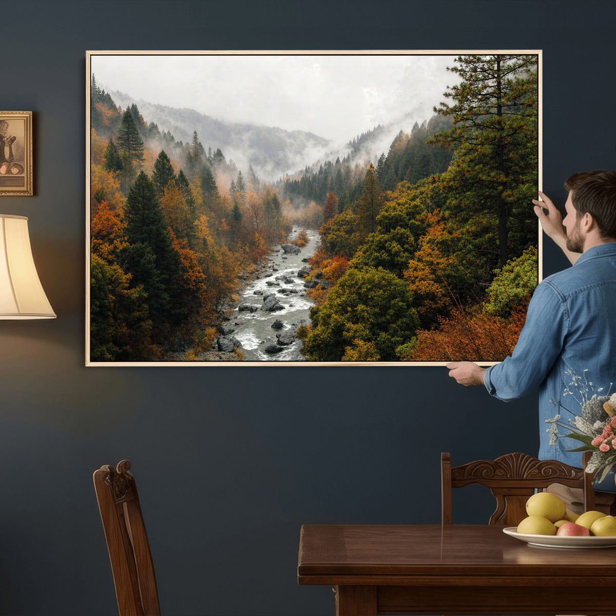 95540697-MGV-TP-30X20 - Misty River Mountain Valley Canvas Wall Art - Autumn Forest Landscape Nature Print