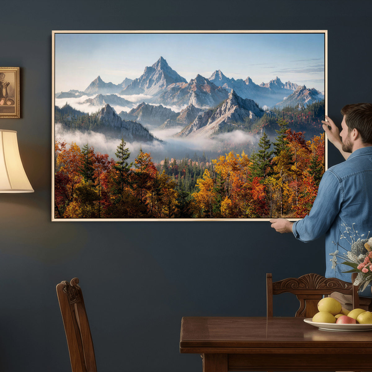 38847944-MGV-TP-30X20 - Majestic Mountain Peak Canvas Wall Art - Panoramic Autumn Forest Fog Landscape Print