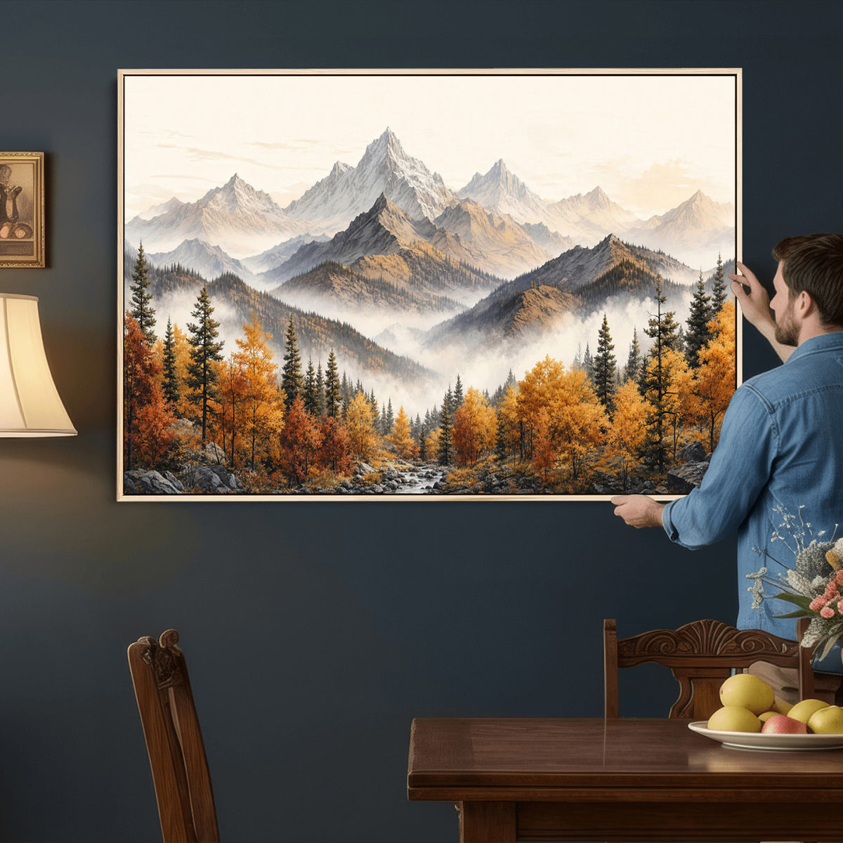 21309099-MGV-TP-30X20 - Extra Large Misty Mountain Autumn Forest Canvas Wall Art - Watercolor Fall Nature Landscape Print