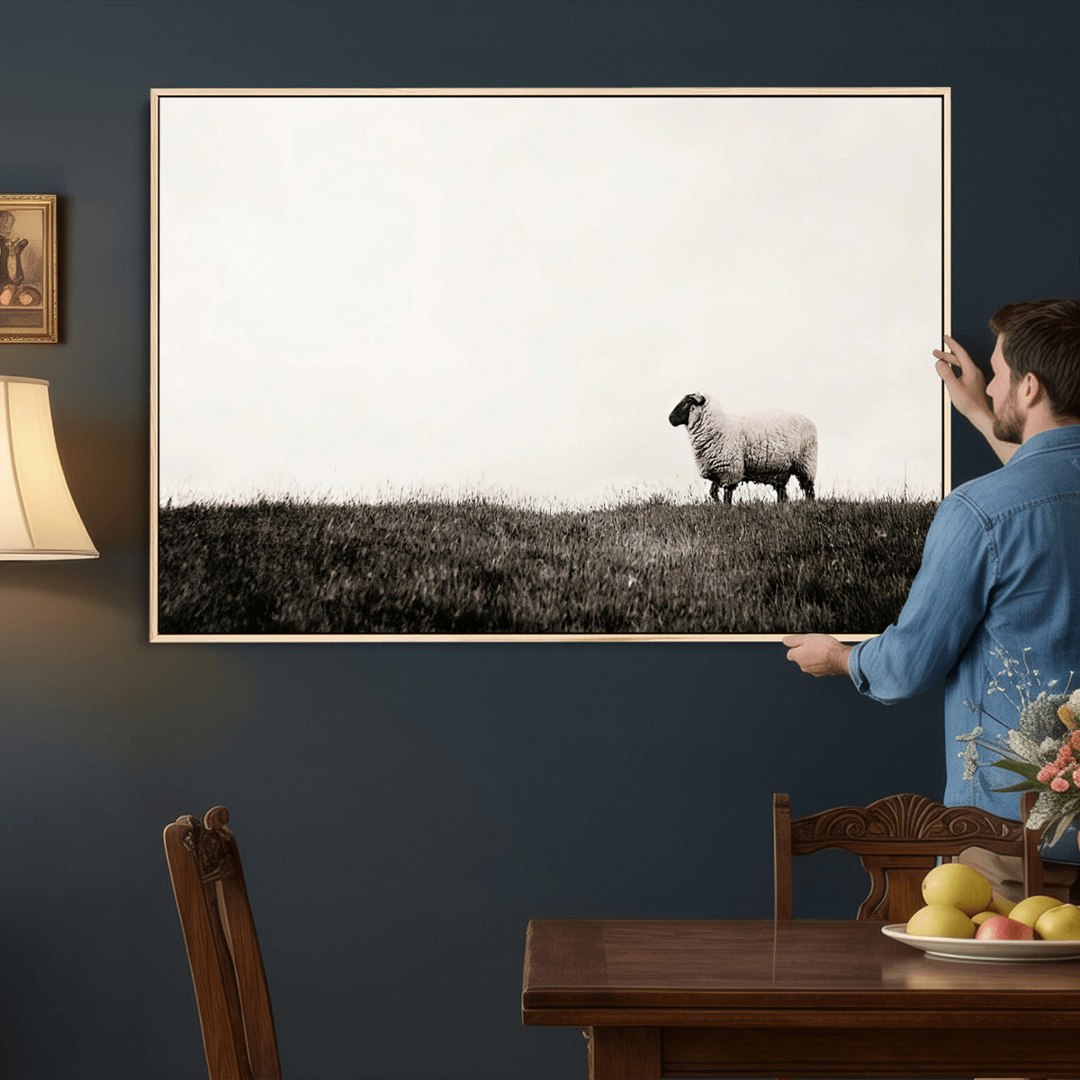 72749448-MGV-TP-30X20 - Minimalist Sepia Sheep Canvas Wall Art - Rustic Farmhouse Country Landscape Print