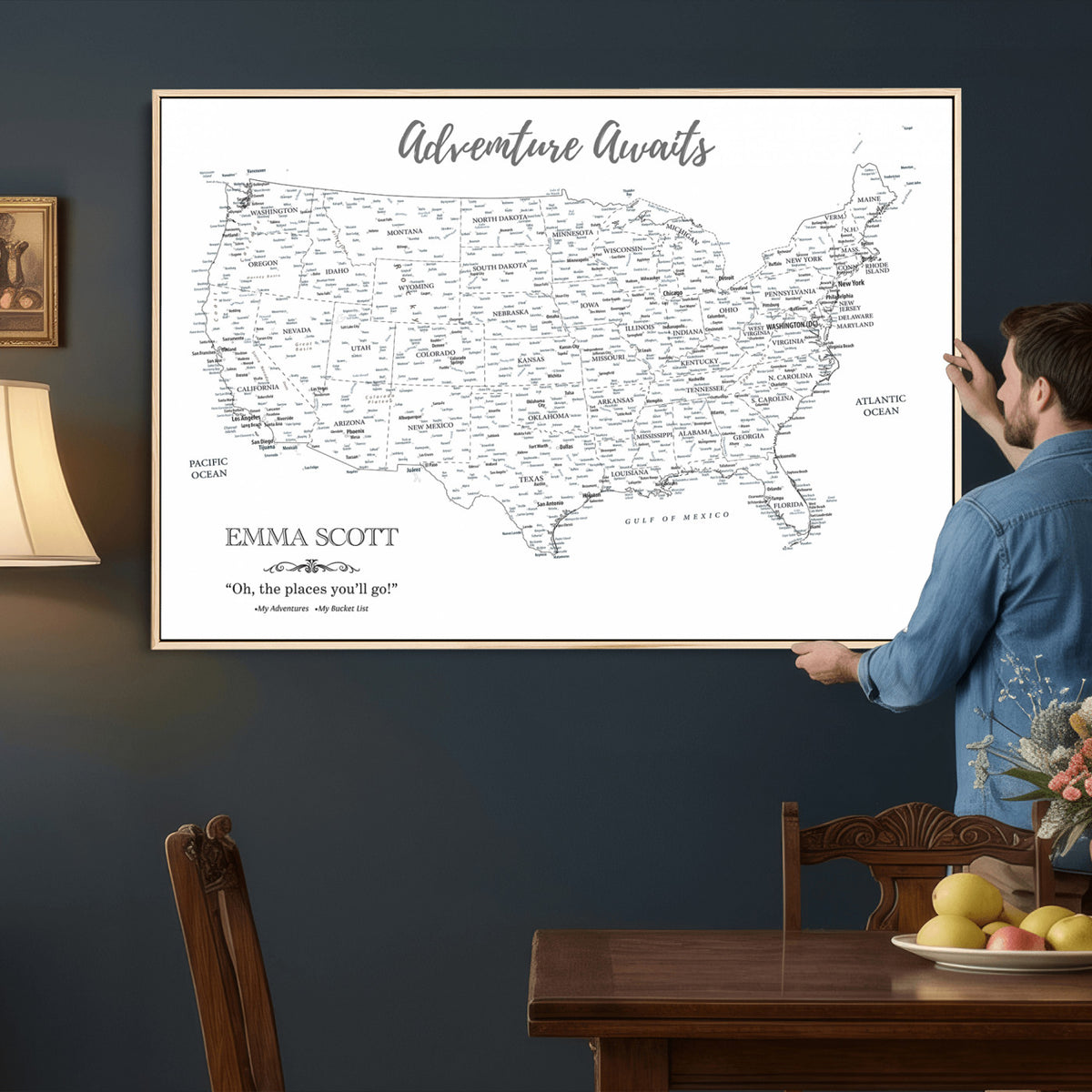 73634814-MGV-CV-36X24 - Custom USA Push Pin Travel Map Canvas Wall Art - Personalized Couples Gift Flat Digital Print
