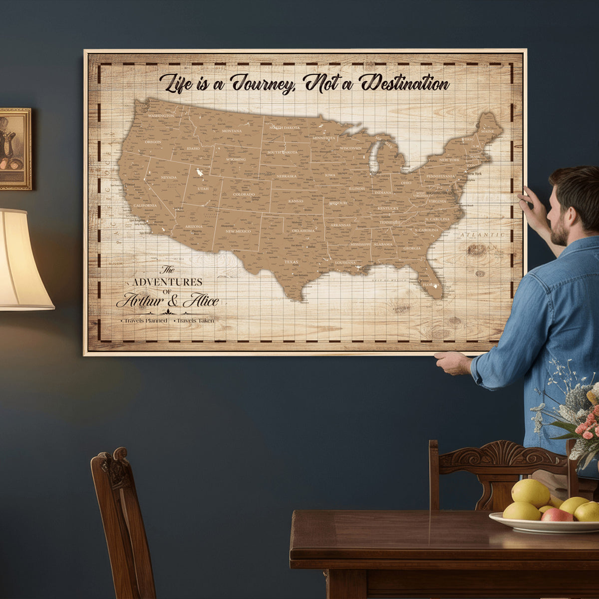82934328-MGV-CV-36X24 - Custom USA Push Pin Travel Map Canvas Wall Art - Personalized Couples Gift Flat Digital Print