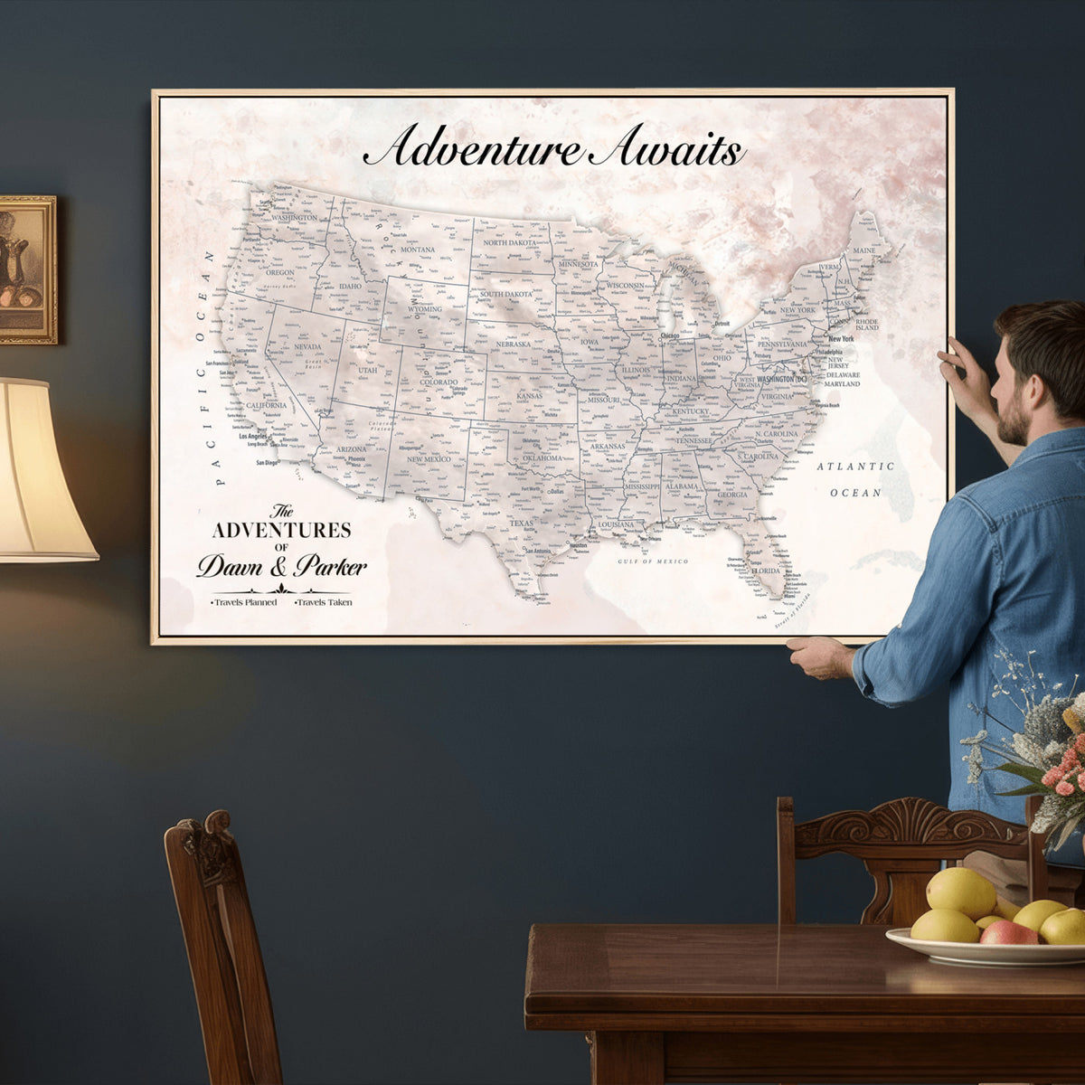 50687859-MGV-CV-36X24 - Custom USA Push Pin Travel Map Canvas Wall Art - Personalized Couples Gift Flat Digital Print