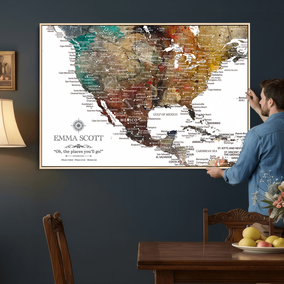 53374031-MGV-CV-36X24 - Custom USA Push Pin Travel Map Canvas Wall Art - Personalized Couples Gift Flat Digital Print