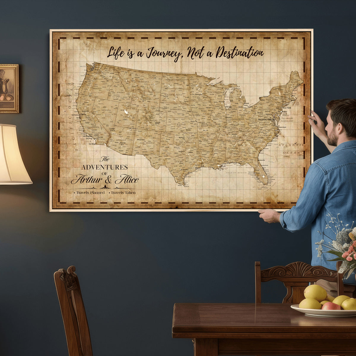 90686209-MGV-CV-36X24 - Custom USA Push Pin Travel Map Canvas Wall Art - Personalized Couples Gift Flat Digital Print
