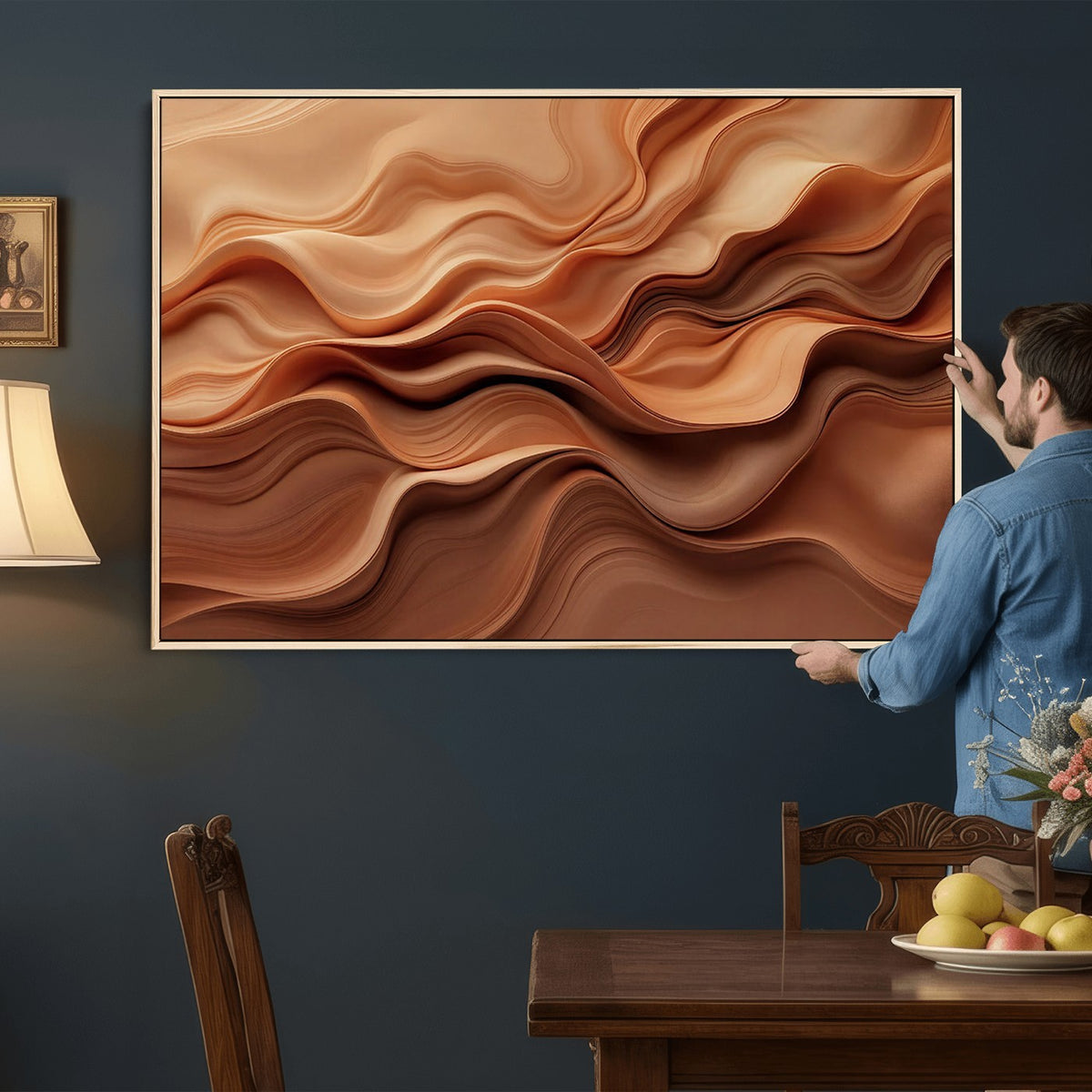 82230697-_Poster-30x20 - Modern Abstract Fluid Waves Canvas Wall Art - Minimalist Warm Terracotta Beige Sand Print