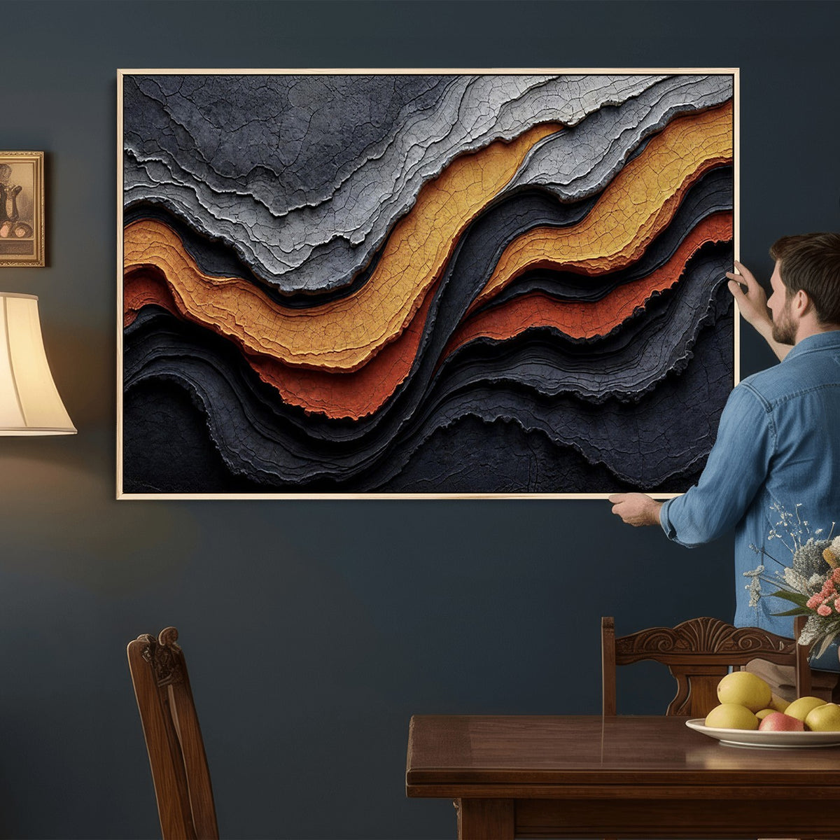 59852489-_Poster-30x20 - Abstract Waves Canvas Wall Art - Modern Terracotta and Charcoal Gray Print