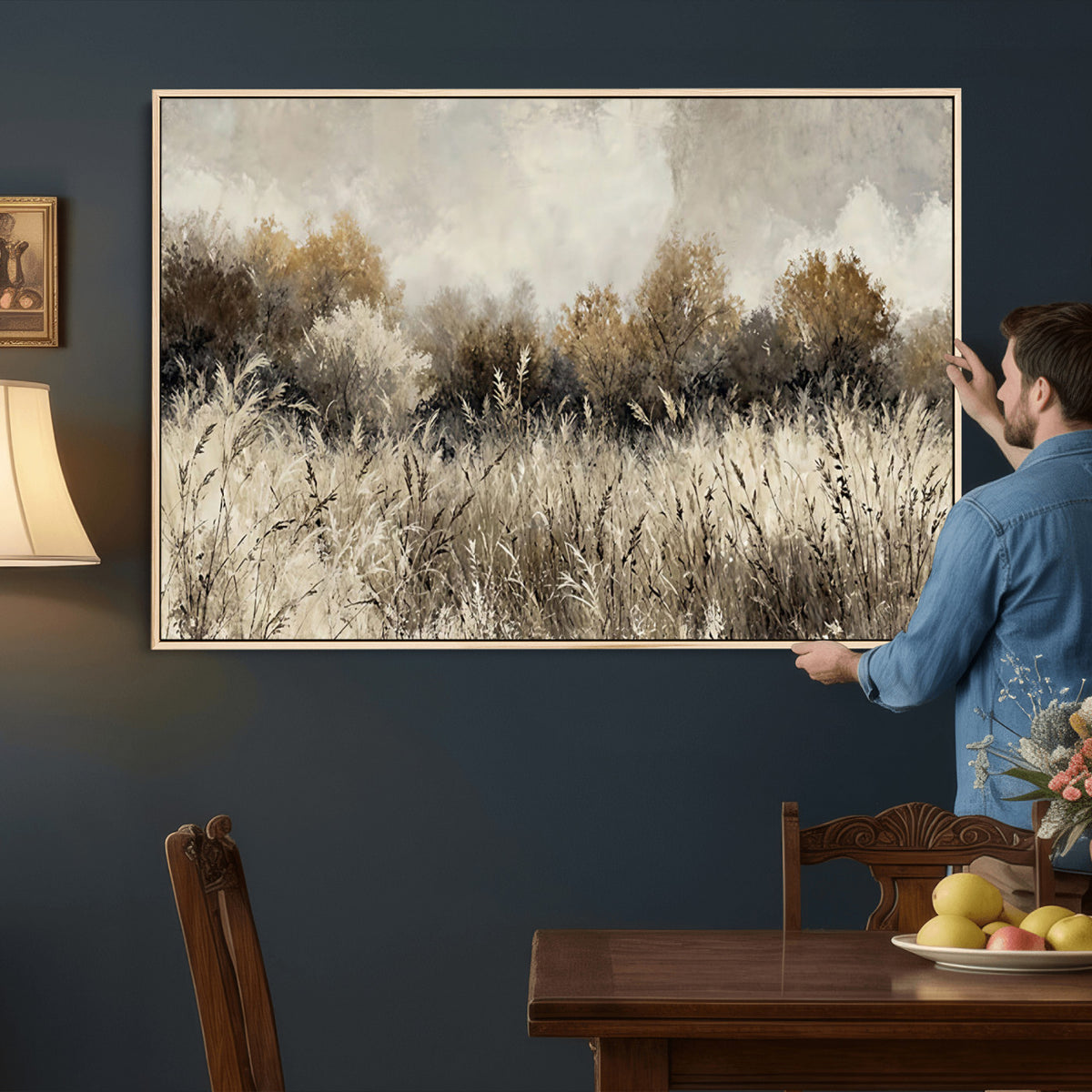 53959945-MGV-TP-30X20 - Muted Neutral Forest Landscape Canvas Wall Art - Vintage Rustic Wildflower Meadow Print