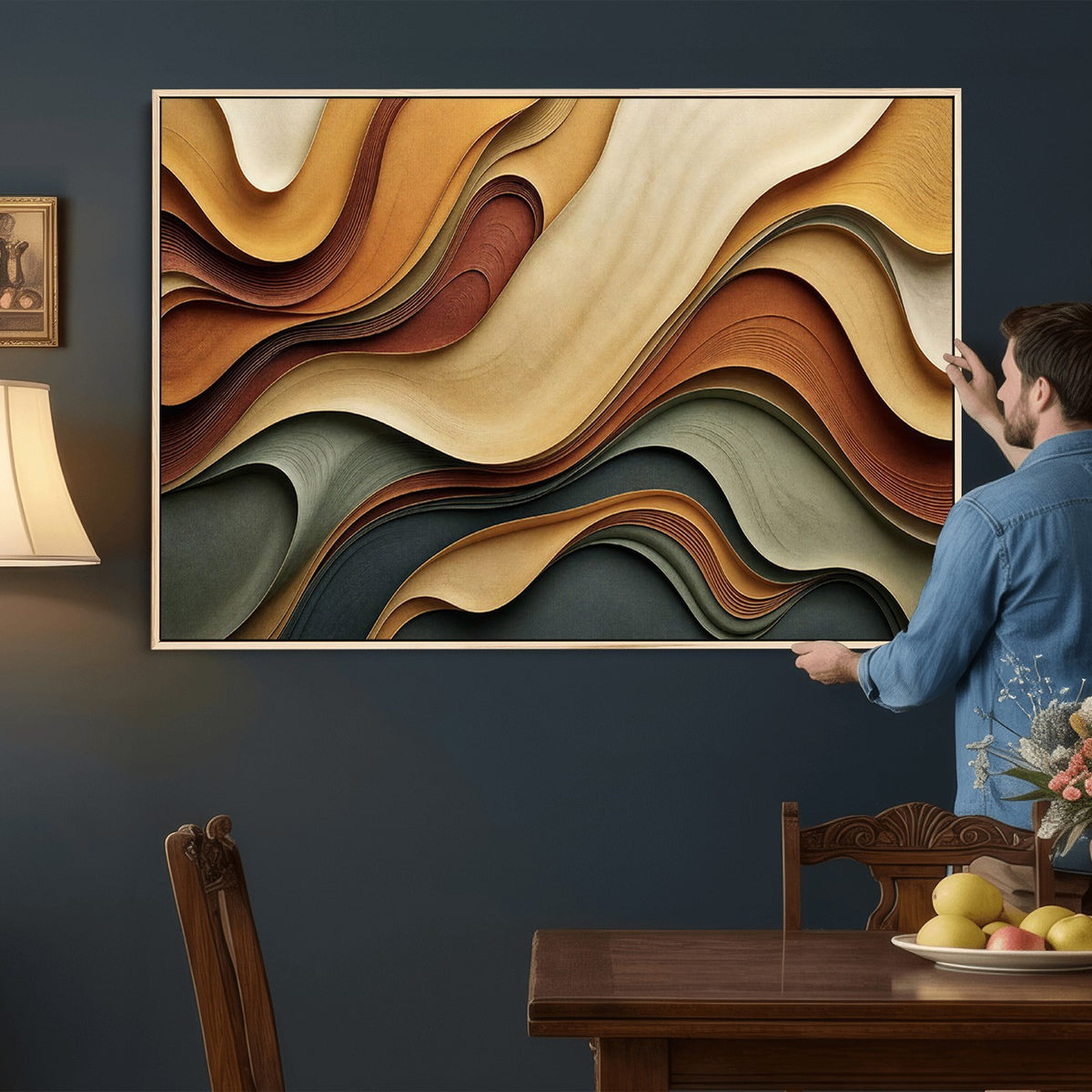 19337902-_Poster-30x20 - Modern Abstract Waves Canvas Wall Art - Minimalist Earthy Tone Living Room Decor