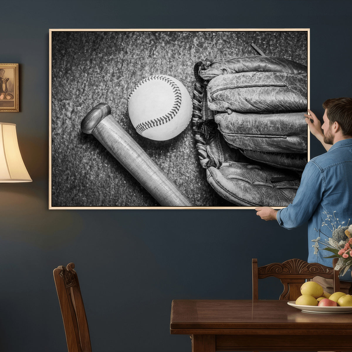 83916D-MGV-CV-36X24 - Vintage Baseball Glove and Bat Sports Wall Art Canvas Print