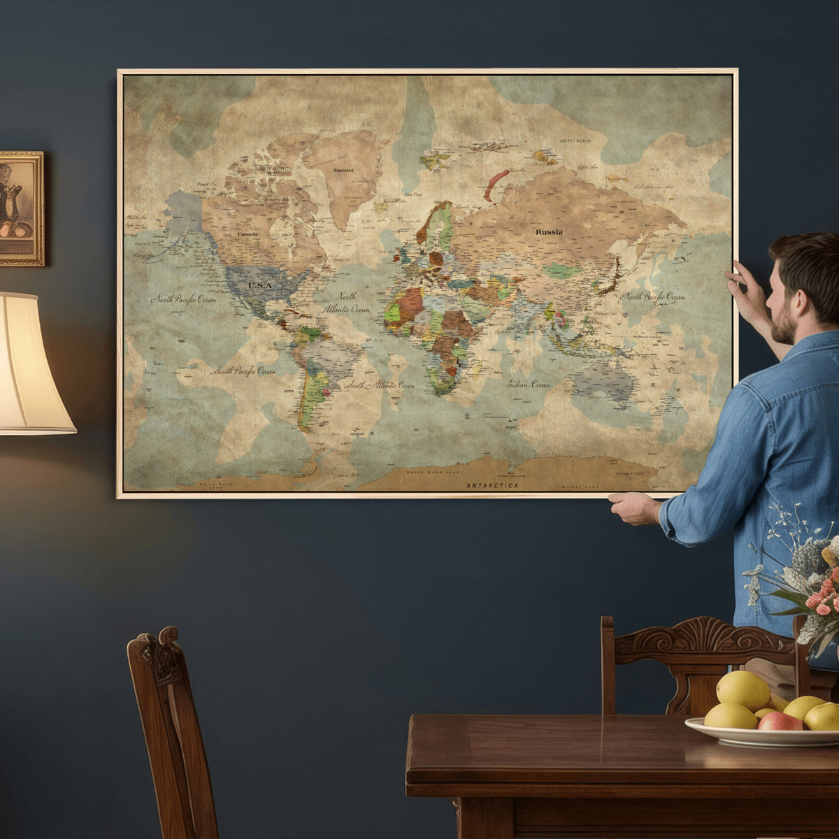 20795898D-MGV-CV-36X24 - Custom Push Pin World Map Wall Art Canvas Print – Personalized Travel Tracker with Pins Framed Large for Home and Office Decor