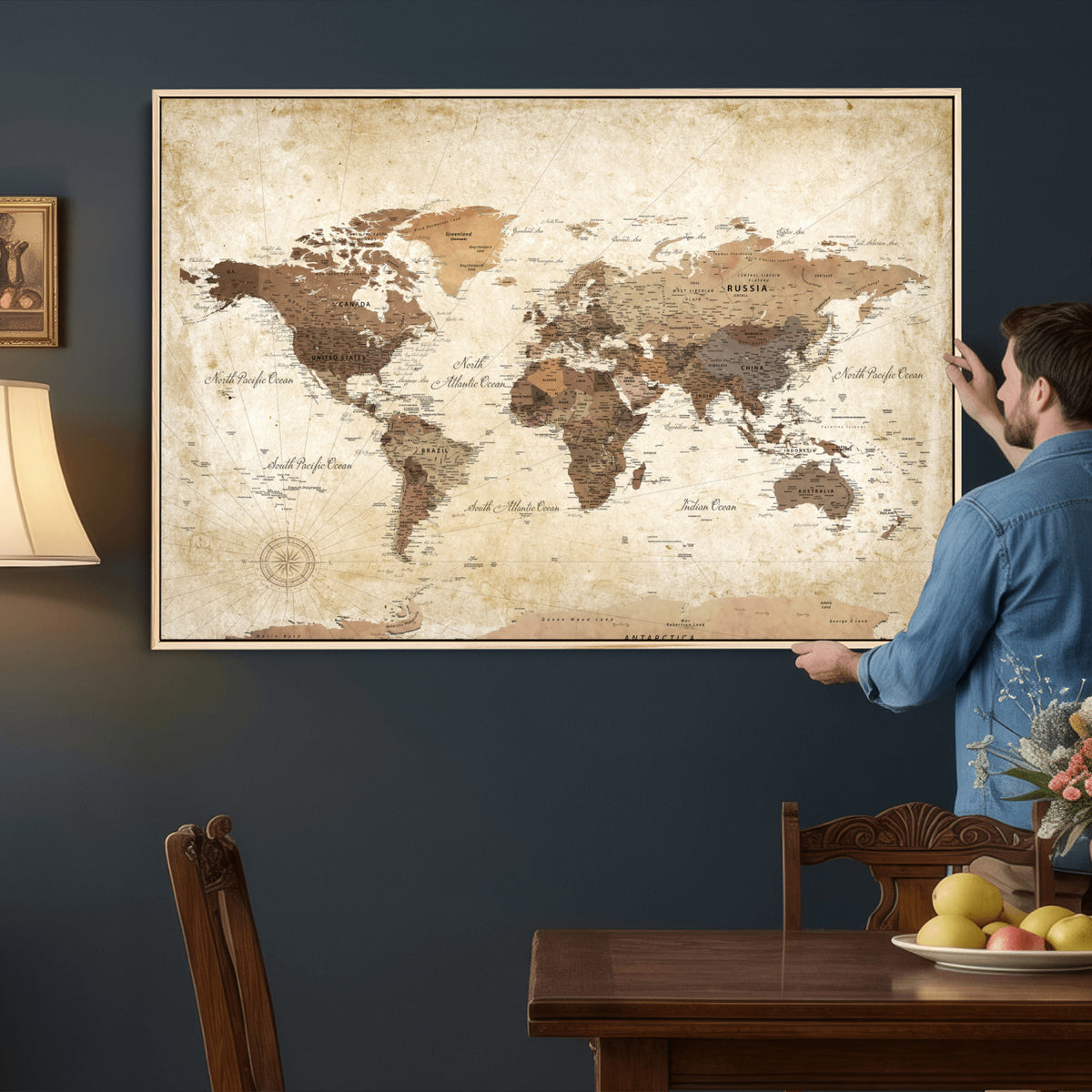 69154703D-MGV-CV-36X24 - Custom Push Pin World Map Wall Art Canvas Print – Personalized Travel Tracker with Pins Framed Large for Home and Office Decor