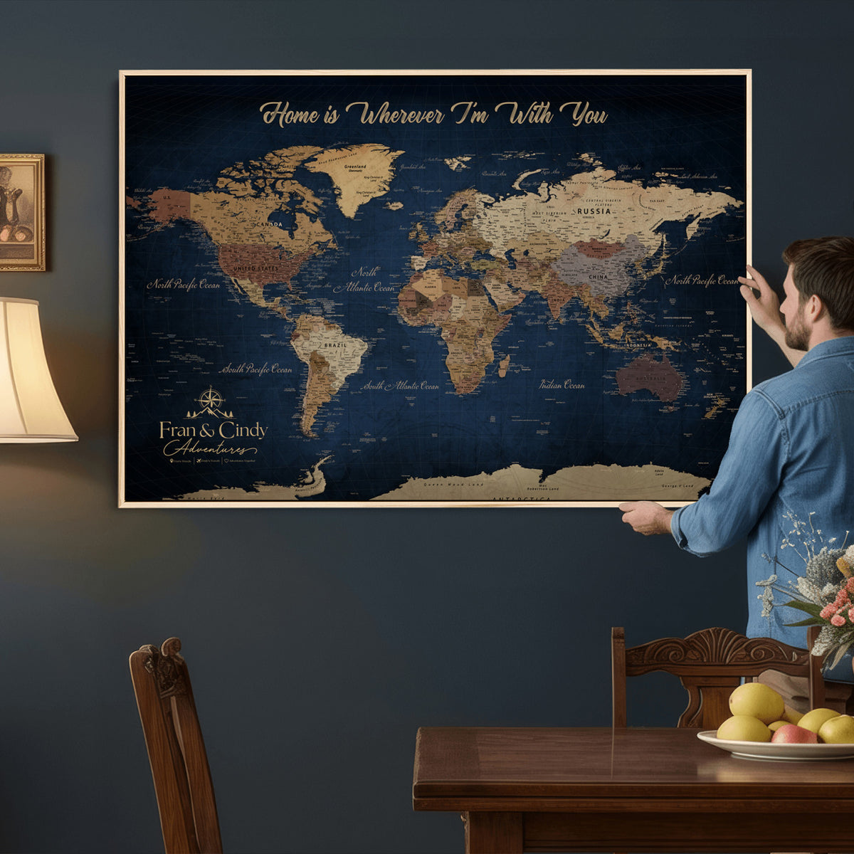 57774467D-MGV-CV-36X24 - Custom Push Pin World Map Wall Art Canvas Print – Personalized Travel Tracker with Pins Framed Large for Home and Office Decor