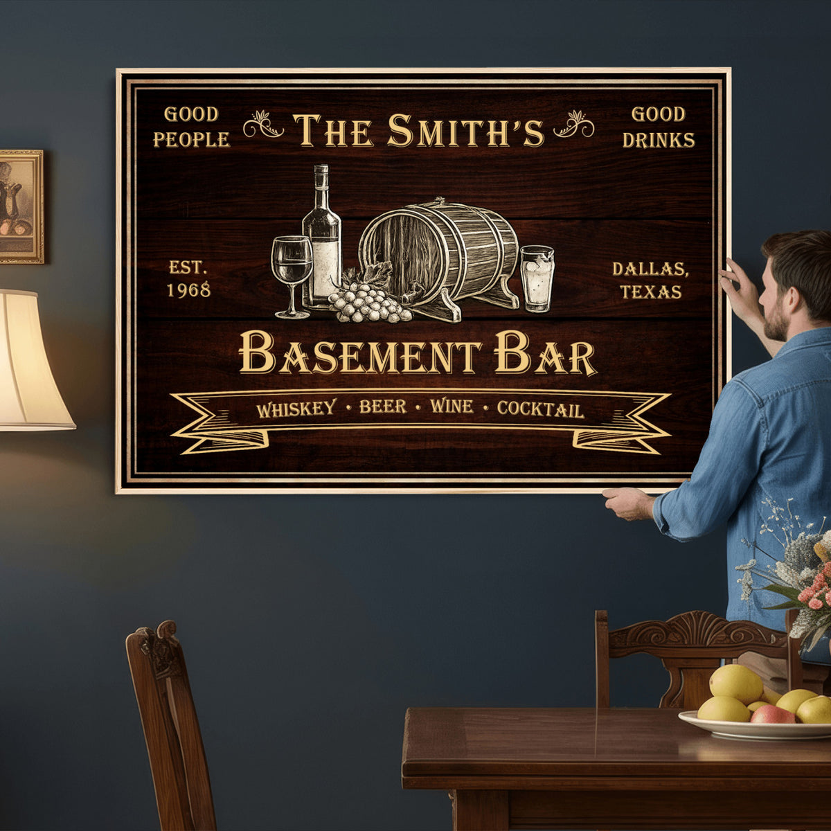 Custom Basement Bar Sign Canvas, Personalized Family Home Bar Wall Art