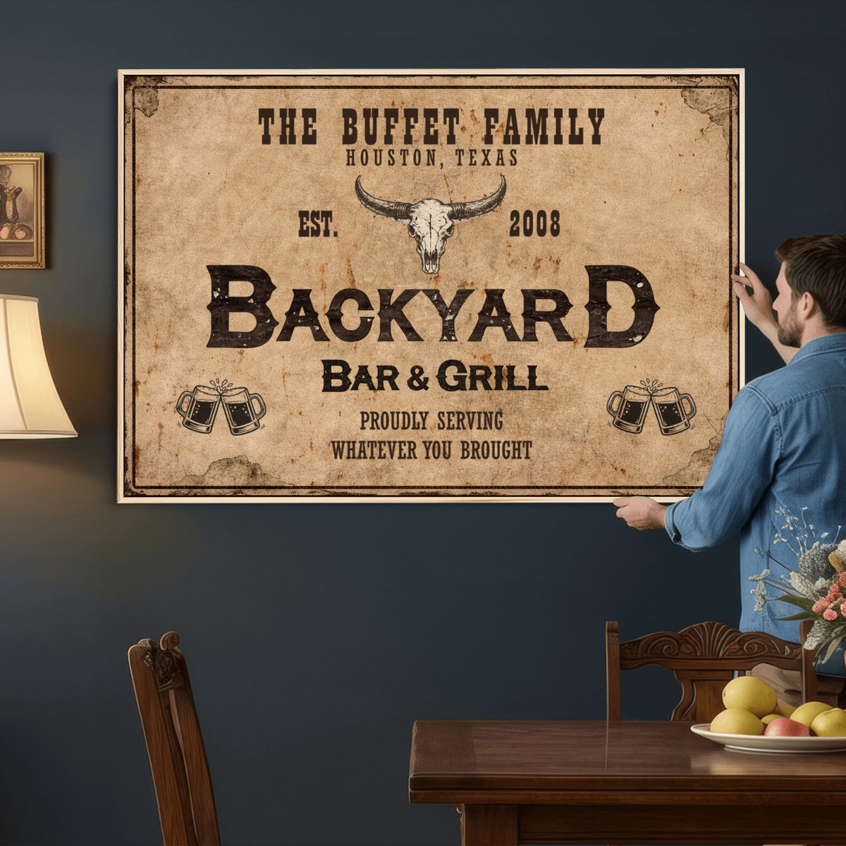 Custom Backyard Bar & Grill Sign Canvas, Personalized Family Name Sign