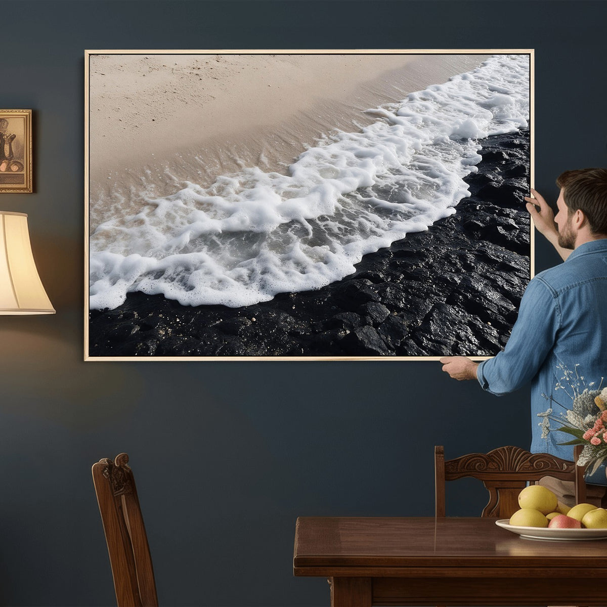 27448606-MGV-CV-24X16 - Ocean Wave Foam on Black Lava Rock Beach Canvas Wall Art Print