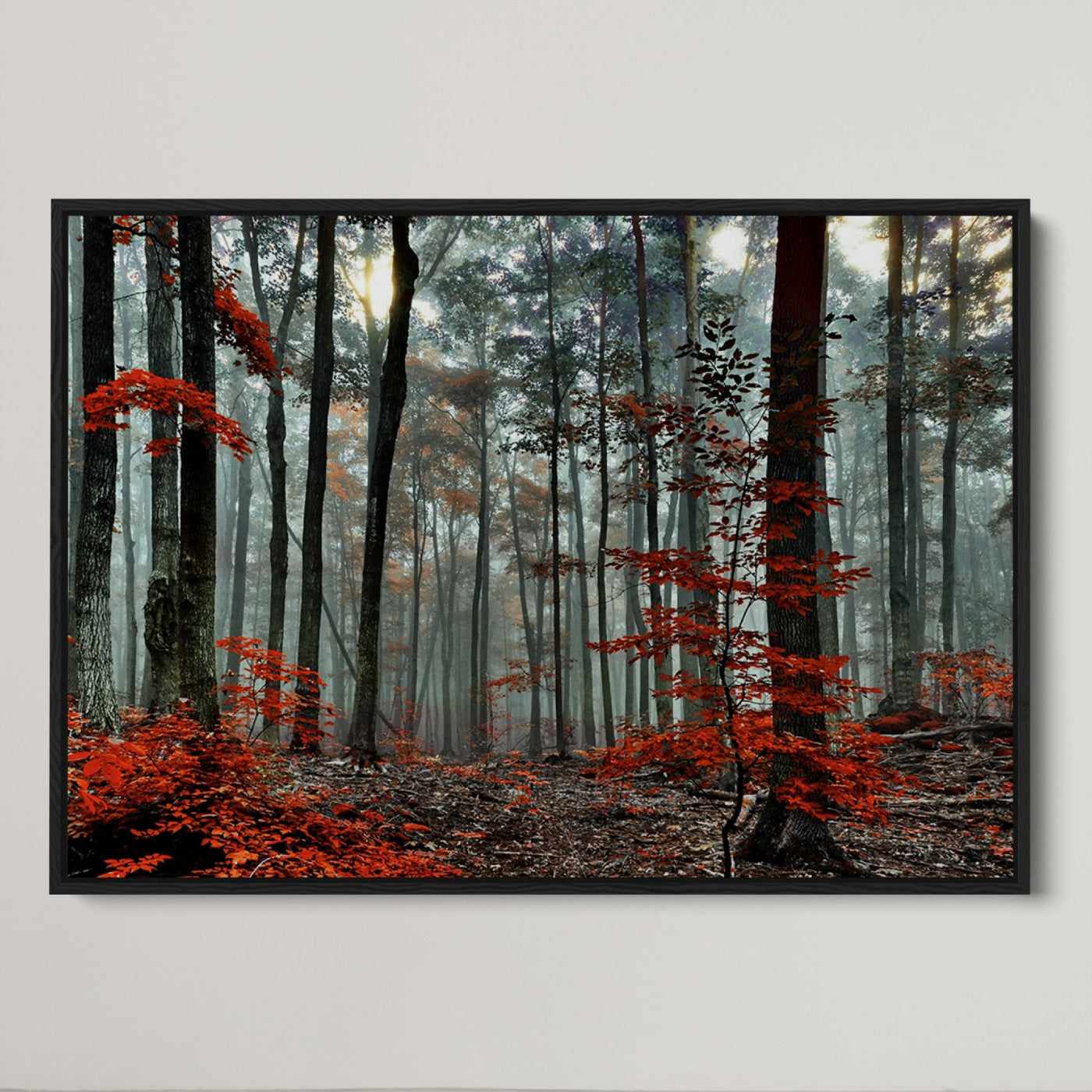 59209-MGV-CV-36X24-Autumn Forest Canvas Wall Art – Enchanting Red Leaves Triptych Print – Nature-Inspired Decor for Living Room or Office – Ready to Hang