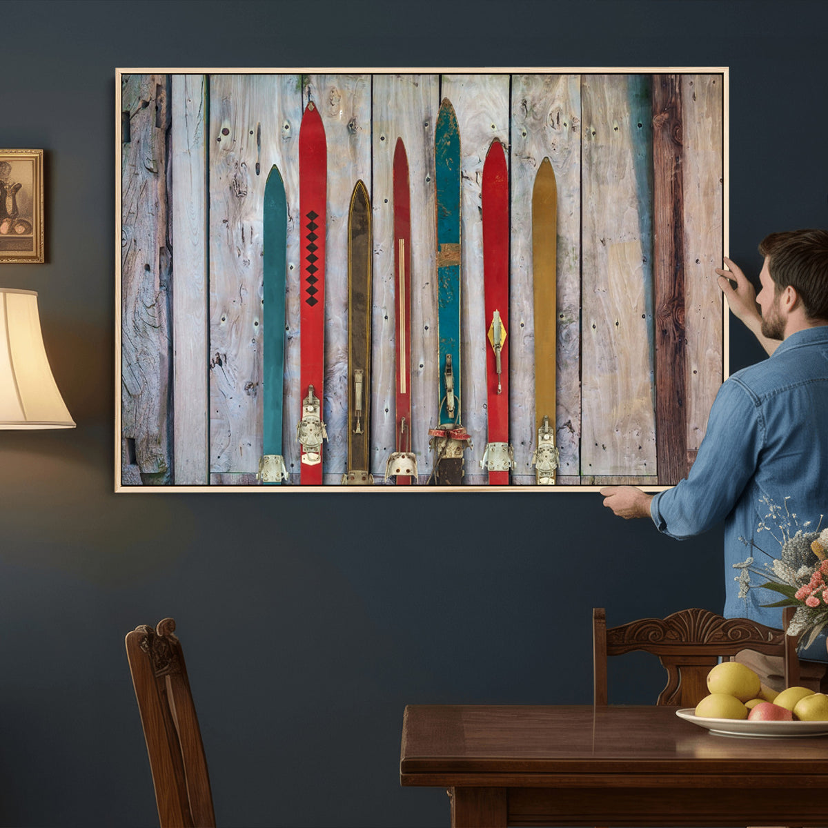 30640-MGV-CV-36X24 - Vintage Wooden Weathered Skis in Front of an Old Barn Wall Art Canvas Print