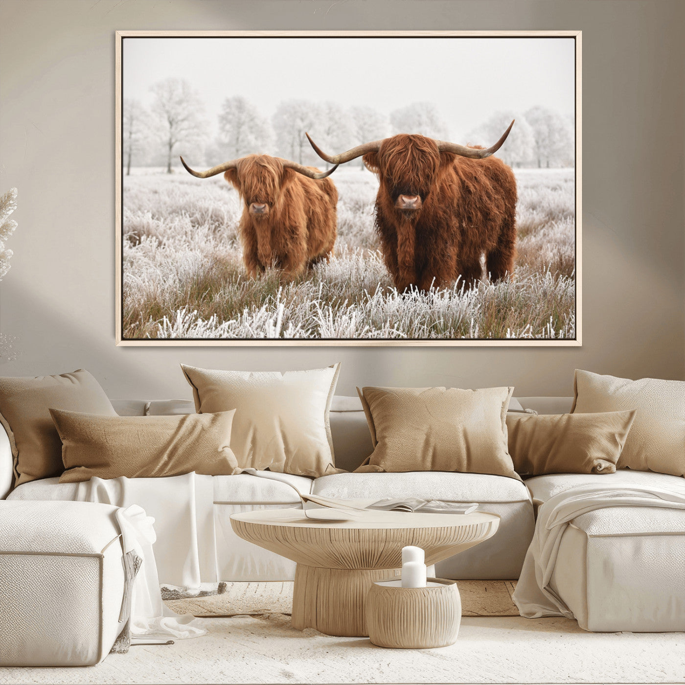MGV-FC-36X24 - Longhorn Cattle Wall Art Canvas Print, Framed Farmhouse Style Art Picture Print, Rustic Cow Perfect Rustic Farmhouse Decor Artwork