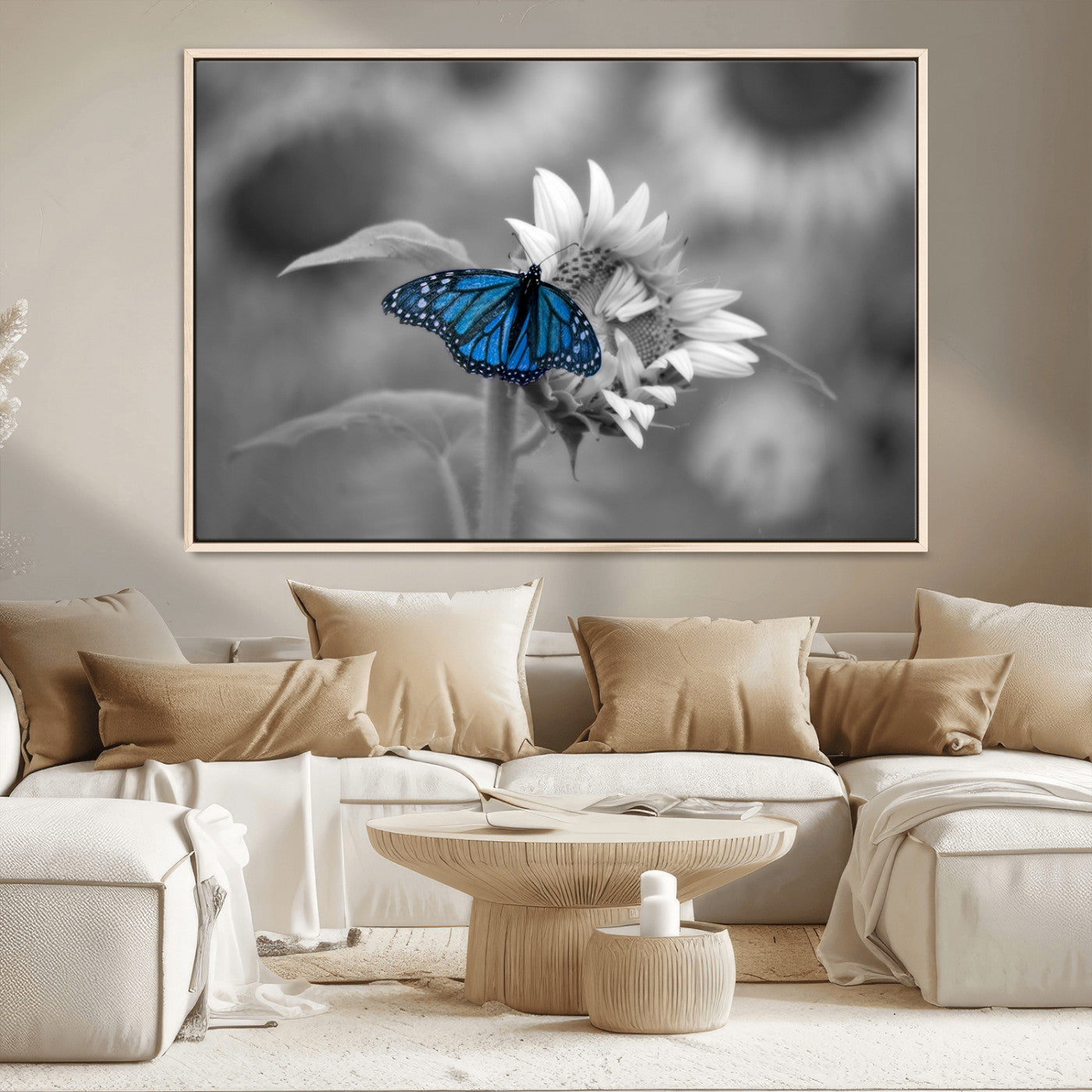 MGV-FC-36X24 - Blue Butterfly Black and White Canvas Wall Art
