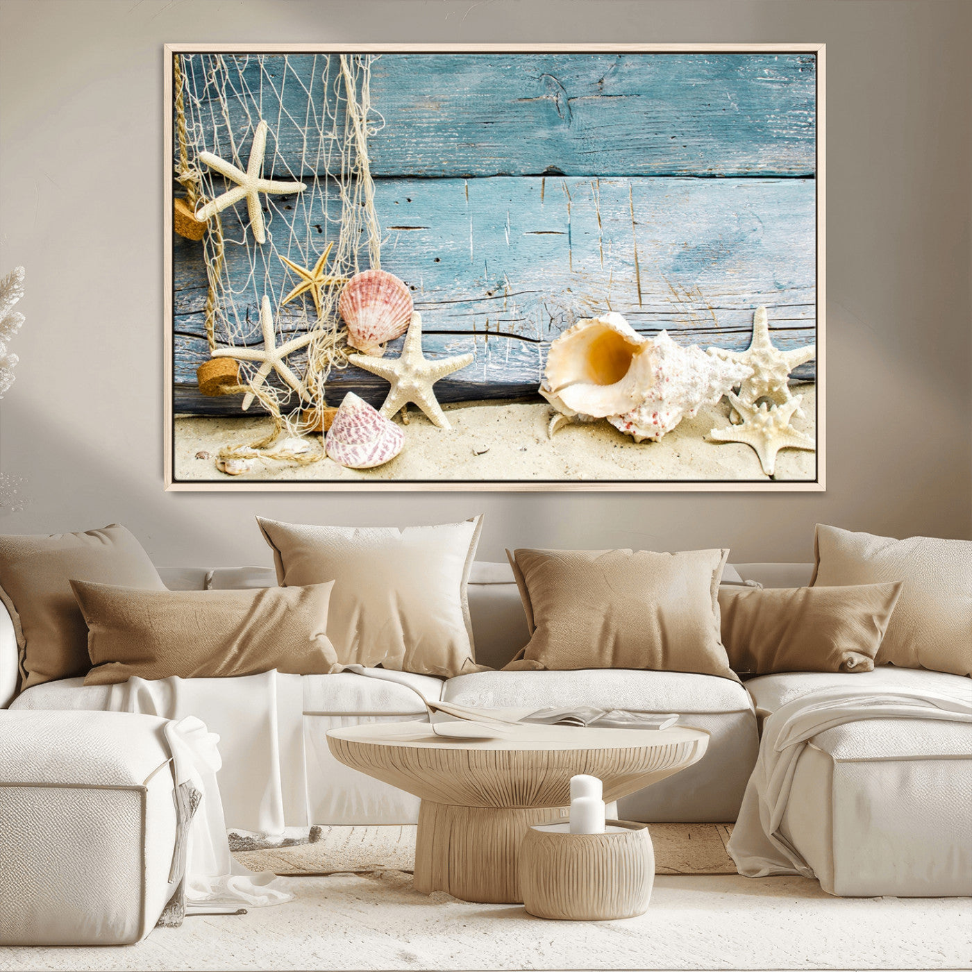 MGV-FC-36X24 - Seashells on Rustic Wooden Background, Seashells Wall Art Canvas Print