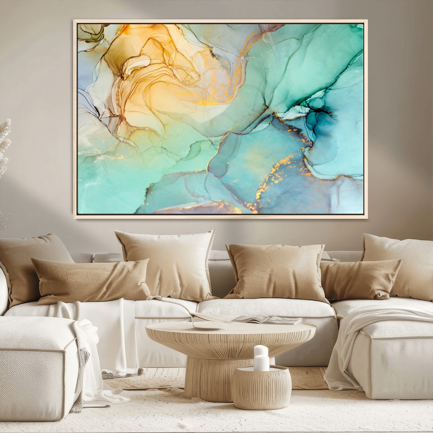 MGV-FC-36X24 - Abstract Aqua and Gold Fluid Wall Art Canvas | 3 Panel Large Canvas Print for Living Room, Office,
