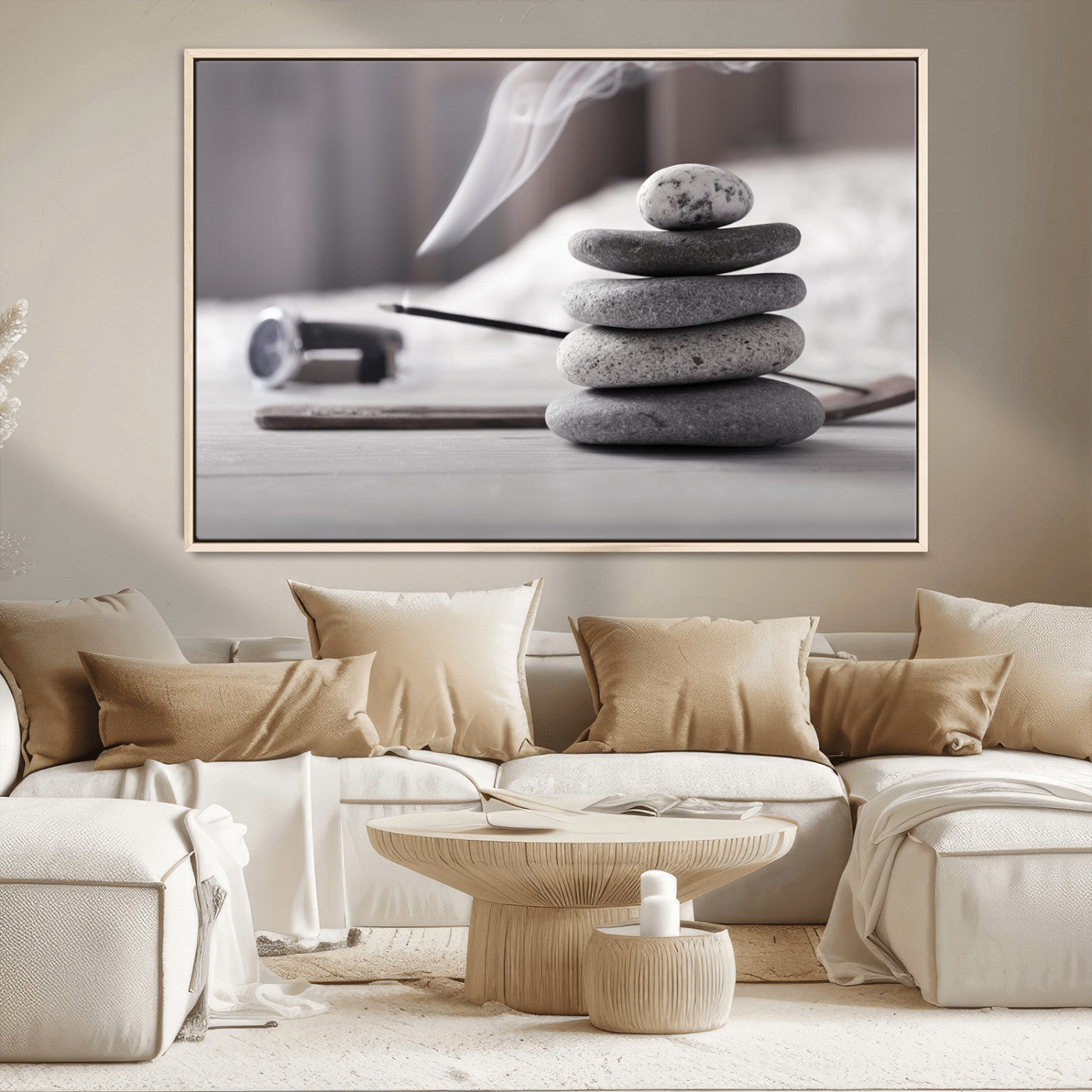 MGV-FC-36X24 - Burning Incense and Zen Stones Buddhism Wall Art, Zen Stones Wall Art Canvas Print